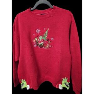 Red Grinch Sweatshirt, Sledding & Heart Hands, Extra Large